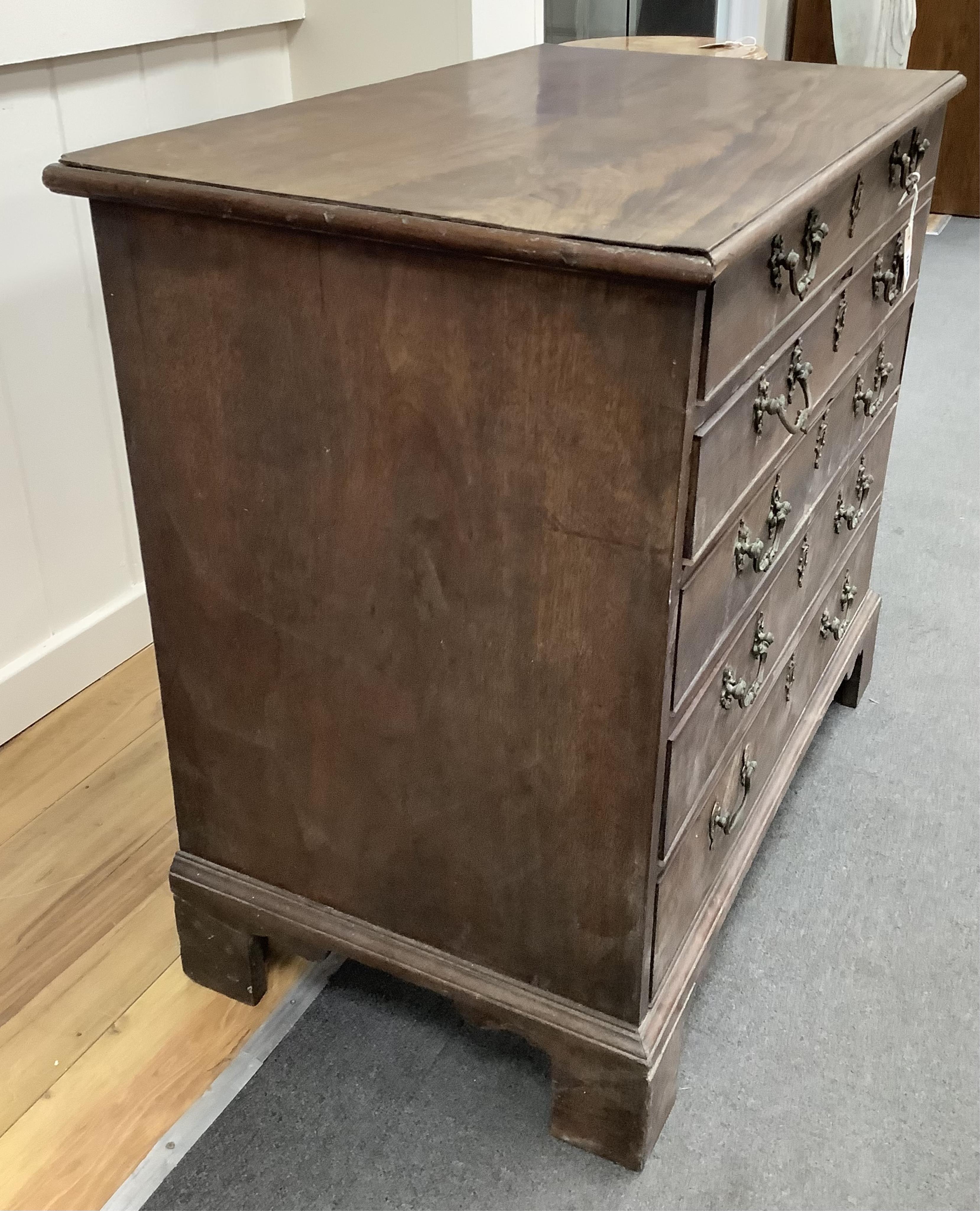 A small George III mahogany five drawer chest, width 91cm, depth 55cm, height 84cm. Condition - in need of restoration